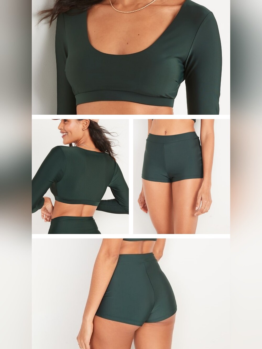 Old Navy Dark Green Long Sleeve Swim Crop Top and High-Waist Swim Shorts